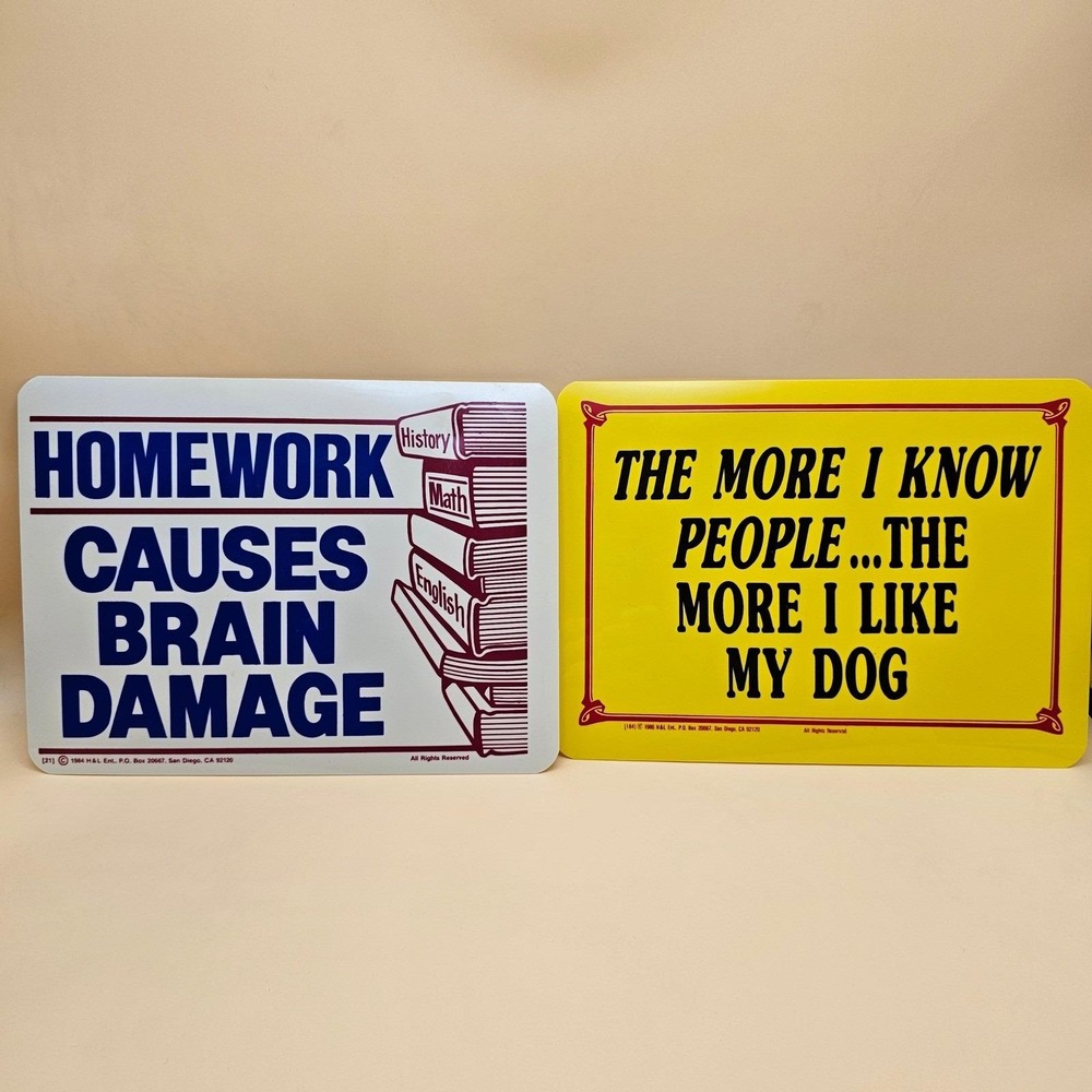 Vintage 1984 1986 H&L Ent Homework Causes Brain Damage Sign Retro Funny Set of 2